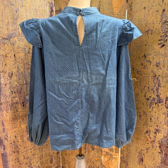 Love & Roses Pin Dot Indigo Blue Ruffled Blouse 10 - Picture 2 of 6